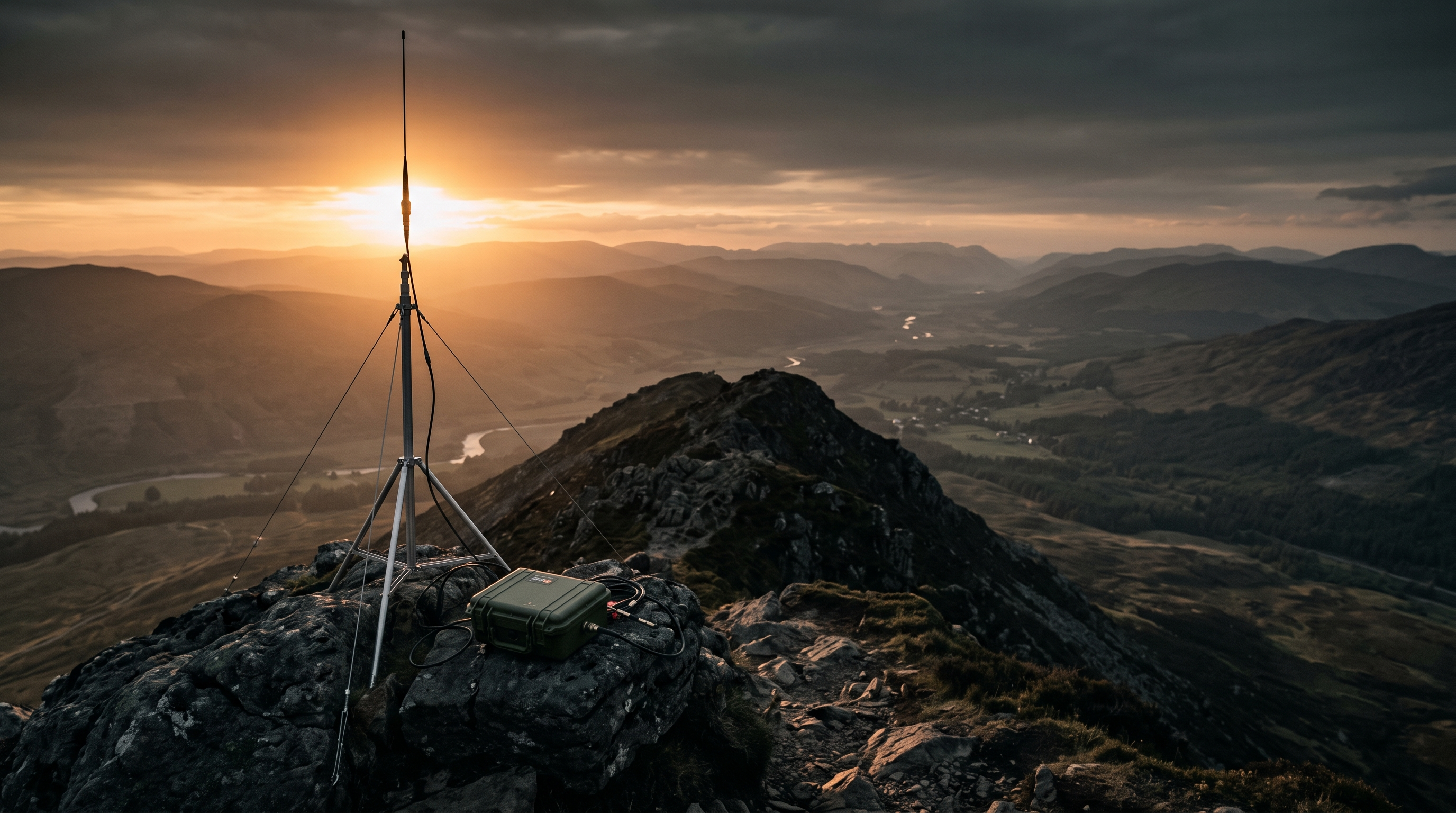 Mountain ridge at golden hour with communications antenna